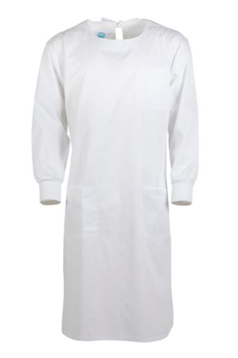 Picture of Lab Gown, White Polycotton, 3 pockets, neck & waist ties, knit wrists, size Small