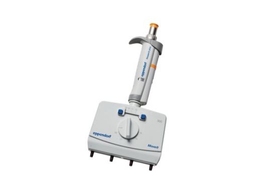 Picture of Eppendorf Research® plus Move It®, 4-channel, 9 mm cone distance, variable, incl. epT.I.P.S.® Box 2.0, 30 – 300 µL, orange