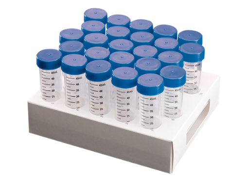 Picture of 50ml graduated centrifuge tube conical base, Racked, sterile, free of RNase, DNase, PCR inhibitors & endotoxins, 25 tubes per rack in bag, 20 bags per carton, carton of 500