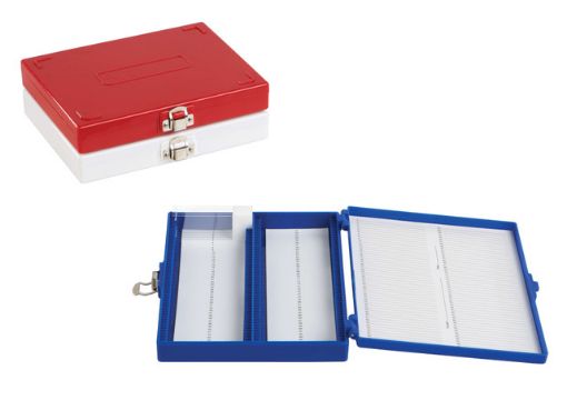 Picture of Premium Microscope Slide Box with nickel clasp, 100 place, Foam lined, Blue