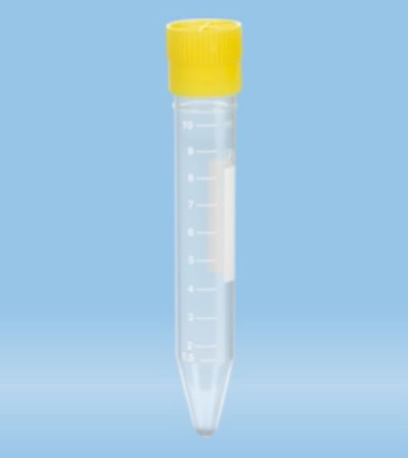 Picture of 10ml Tubes Sterile PP, conical base, yellow push cap, 1000 per Carton