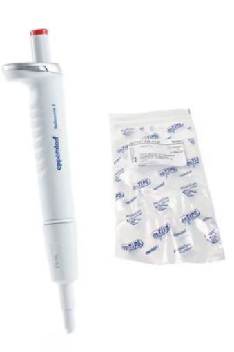 Picture of Eppendorf Reference 2, 1-channel,  0.25-2.5mL variable, incl. 2.5 mL sample bag with 10 pipette tips, red